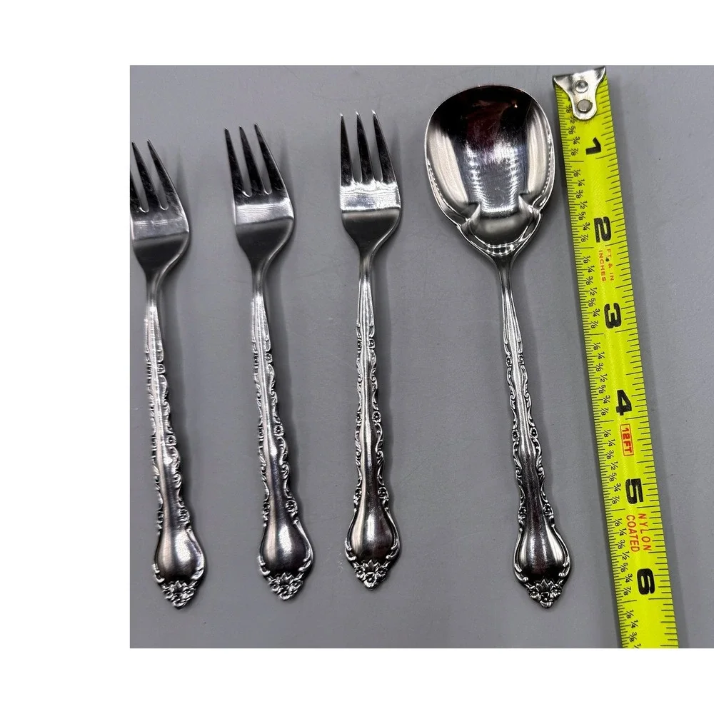 International Silver Gigi Stainless Deluxe 3 Cocktail Forks 1 Sugar Spoon 4pc
